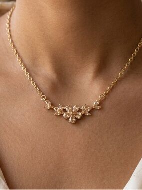 Anthropologie 14K Gold Plated Floral Crystal Bar Necklace
